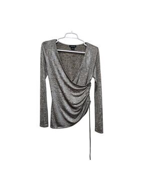 Trouve Metallic Wrap Top XS Ruched Side Long Sleeve
